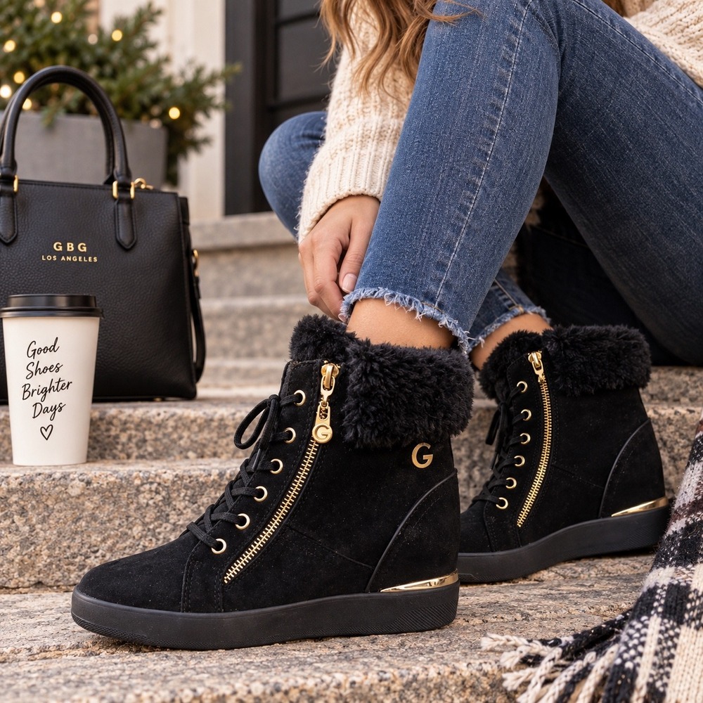 GBG Los Angeles Nurisa2 Black Faux Fur Wedge Sneaker Boots GGNURISA-M Womens 8.5